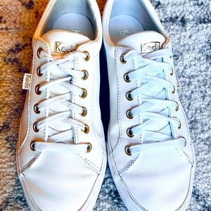 Keds Jump Kick Leather Sneaker, White Leather, Gold Grommets, Size 8.5